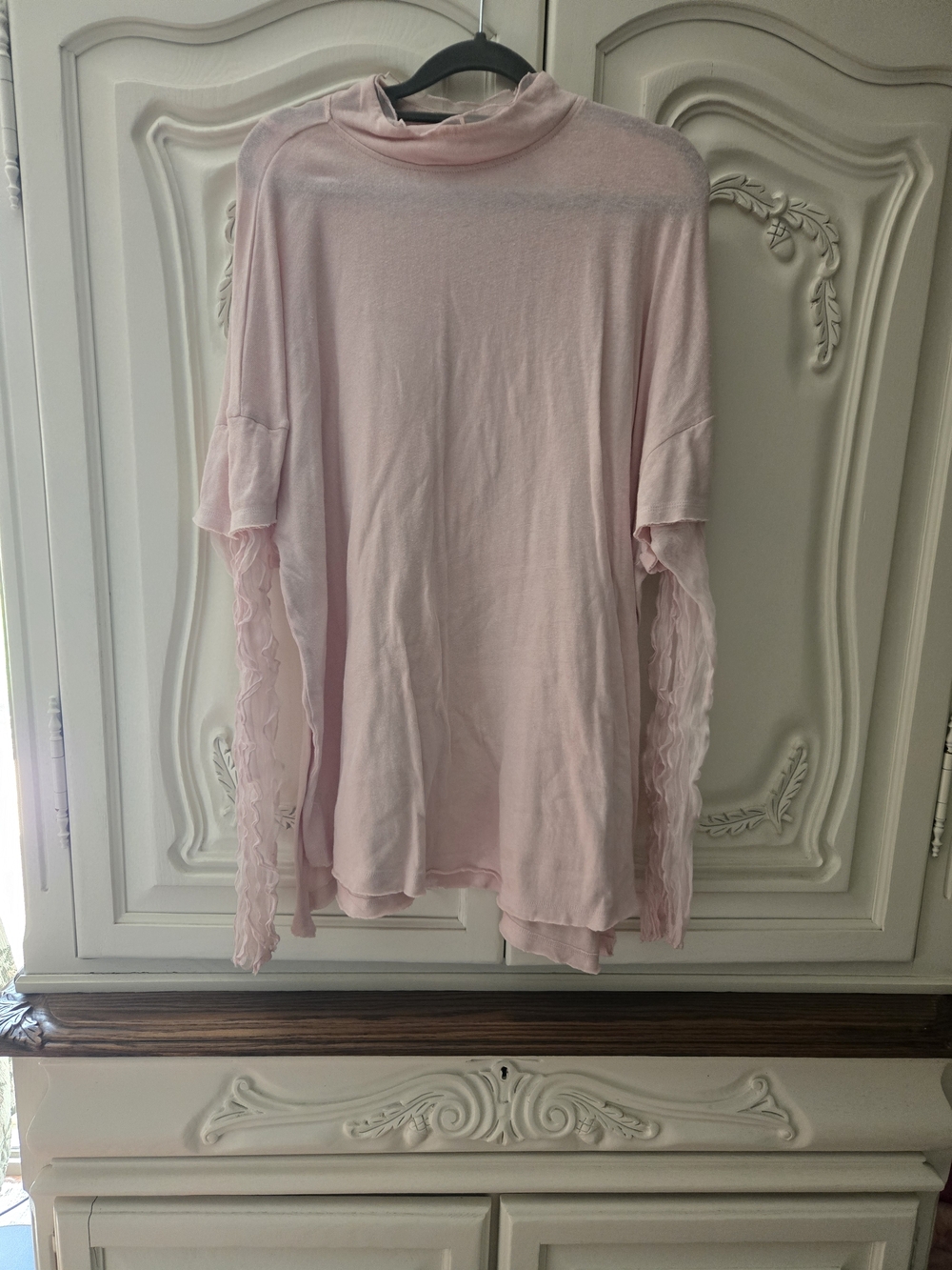 Free People Blush Pink Long Sleeve Top with Fringe Sleeve Accents